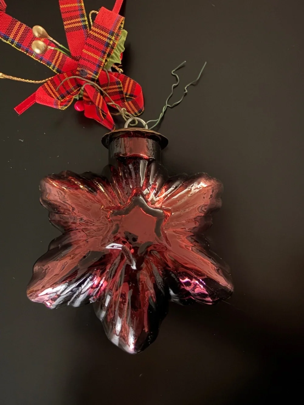 Vintage Krugel Style Glass Decoration With Reflective Mercury Glass In Ruby Red